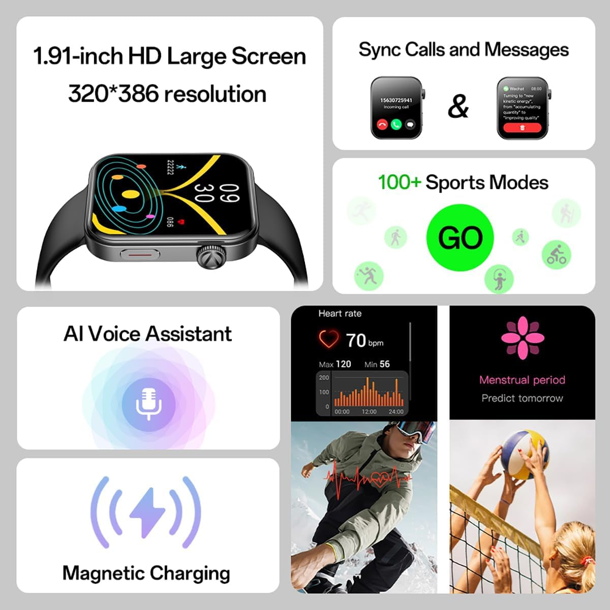 Foom S4 1.91'' Large Screen Smart Watches for Men Women, 100+ Sports Modes Fitness Tracker, Heart Rate/Blood Oxygen/Sleep Monitor, BT5.2 IP67 Waterproof, Compatible with Android & Ios